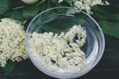 Beyaz çiçekler ve mürver yaprakları rustik ahşap arka planda bir kase üzerinde yalan.