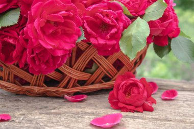 Ahşap bir arka plan üzerinde bir sepet içinde kırmızı gül bir buket.
