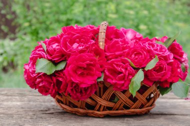 Ahşap bir arka plan üzerinde bir sepet içinde kırmızı gül bir buket.