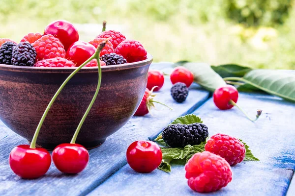 juicy fresh tasty berries raspberries, cherries, mulberries in a bowl on blue boards on a background of green grass.
