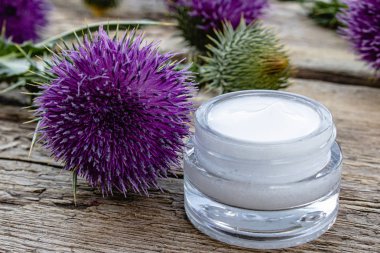 Ahşap arka plan üzerinde çiçek devedikeni ile Krem. Tıbbi bitki.