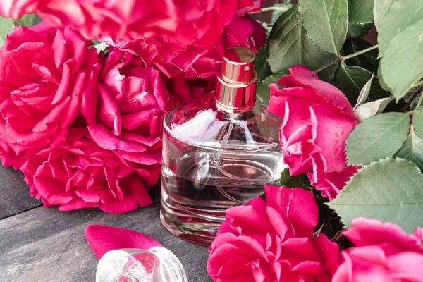 Frasco de perfume rodeado de rosas rojas . — Foto de Stock