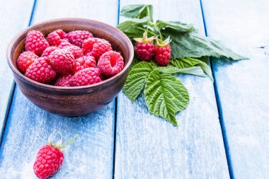 Mavi panoları arka plan karşı bir kase üzerinde olgun kırmızı ahududu. Seçici odaklama.