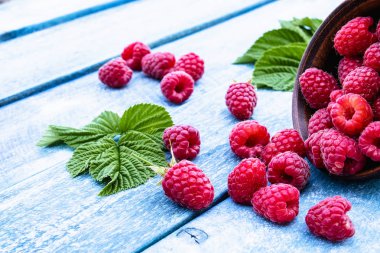 Mavi tahtalar arka plan üzerinde yaprakları ile Taze ahududu. Seçici odaklama.