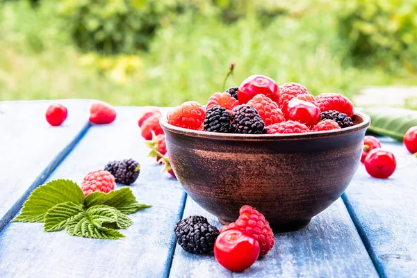 juicy fresh tasty berries raspberries, cherries, mulberries in a bowl on blue boards on a background of green grass.