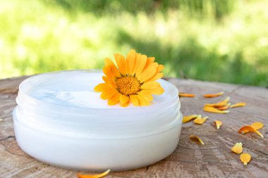 Calendula ile vücut bakımı için krem. Doğada ahşap bir arka planda taze turuncu Calendula çiçekler. Calendula çiçekleri ile cilt temizliği için kozmetik krem.