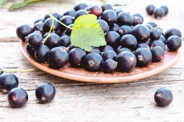 Yeşil yaprakları yakın ahşap arka planda bir kase taze olgun frenk üzümü çilek. Sulu meyve kuş üzümü. Siyah frenk üzümü