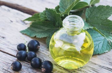 Özü ile cam şişe yakınında siyah frenk üzümü Taze çilek. Siyah frenk üzümü ile Tıbbi tentür.