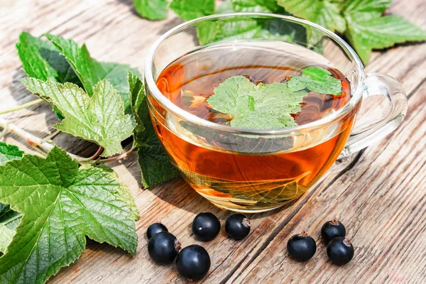 Siyah frenk üzümü yaprakları ile bir fincan çay. Ahşap bir masada kuş üzümü ile çay.