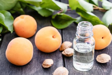 Ahşap masada kayısı lezzet yağı ve taze kayısı.