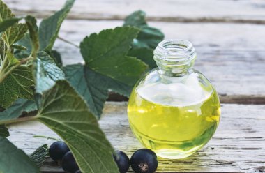 Özü ile cam şişe yakınında siyah frenk üzümü Taze çilek. Siyah frenk üzümü ile Tıbbi tentür.