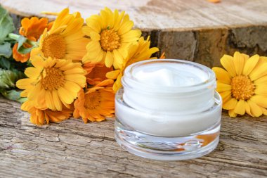 Vücut bakımı için beyaz kozmetik krem bir kavanoz. Ahşap arka planda taze turuncu Calendula çiçekler.