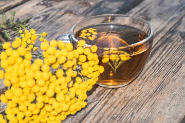 Ahşap bir masa üzerinde tansy ve tansy çiçekleri ile çay fincan. Şifa otlar.