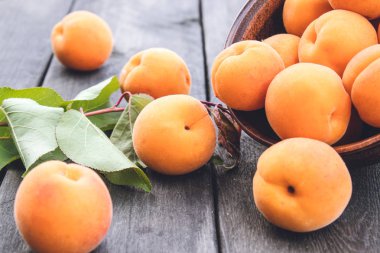 Ahşap bir masada yeşil yaprakları yanında bir kase lezzetli olgun kayısı.