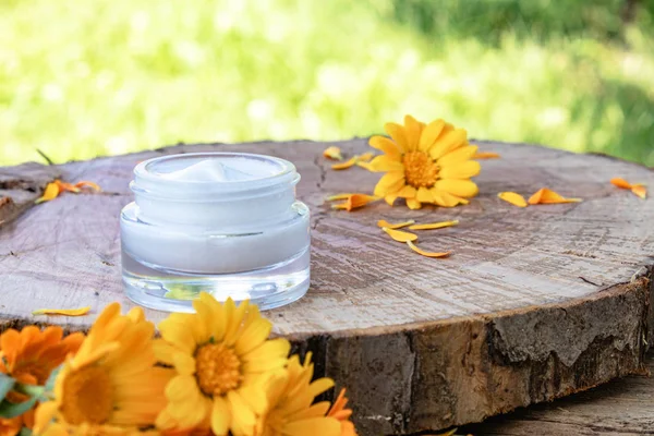Cream for body care with calendula. Fresh orange calendula flowers on a wooden background in nature. Cosmetic cream for cleansing the skin with calendula flowers.