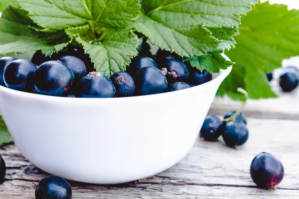 Yeşil yaprakları yakın ahşap arka planda beyaz bir kase taze olgun frenk üzümü çilek. Sulu meyve frenk üzümü. Siyah frenk üzümü