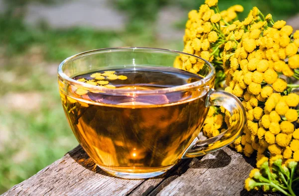 Травяной чай с лакомым кусочком в стеклянной кружке и желтыми нежными цветами на поверхности деревянного стола на фоне природы. Тензи Травяной чай. Лечебные травы . — стоковое фото