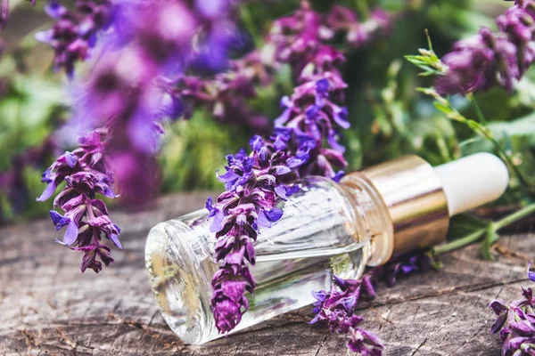 Aceite esencial de lavanda en una botella de vidrio y colores lavanda sobre un fondo rústico de madera. Tintura o aceite esencial con lavanda. medicina herbal . — Foto de Stock