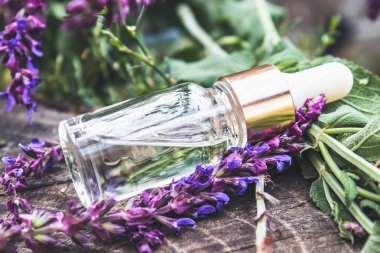 Lavanta açan dalları yakınında ahşap bir masa üzerinde bir cam şişe lavanta uçucu yağ. Tentür veya lavanta ile uçucu yağ. bitkisel ilaç.