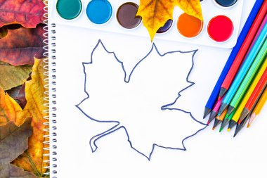 Renkli sonbahar yaprakları, çok renkli kalemler ve yazı için yeri olan beyaz kağıdın yanında resim yapmak için boya. Sonbahar yapraklı arka plan. Yazı için alanı kopyala.