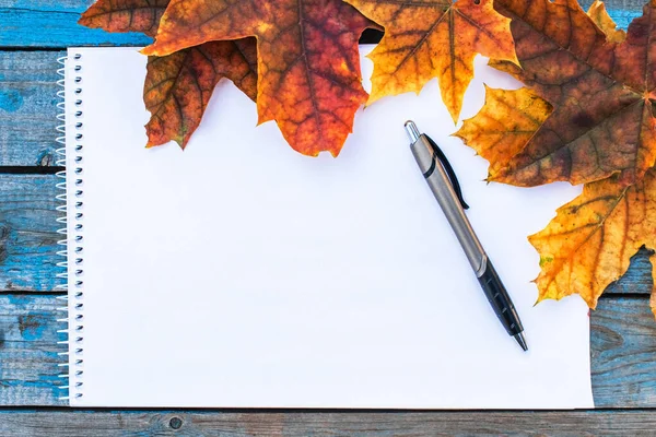 Fondo con hojas de otoño sobre tablas viejas azules. Fondo con hojas de otoño. Copiar espacio para inscripción . — Foto de Stock