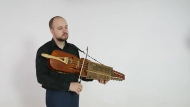 genç bir müzisyen nickelharpa, bir ortaçağ otantik İsveç liİskandinav müzik aleti çalar