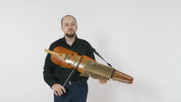 Jovem Músico Toca Nickelharpa Instrumento Musical Escandinavo Sueco Autêntico Medieval — Vídeo de Stock