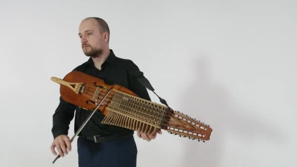 Jovem Músico Toca Nickelharpa Instrumento Musical Escandinavo Sueco Autêntico Medieval — Vídeo de Stock