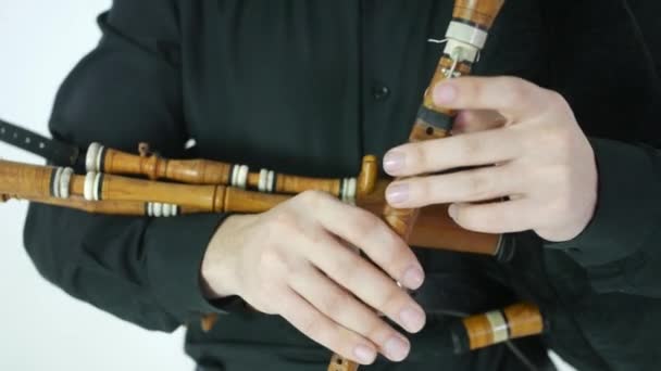 Hands Man Playing Bagpipes National Ethnic Instrument Close — Stock Video