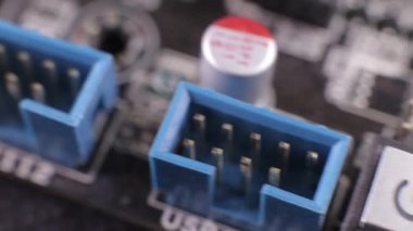 Usb, Lan, ses konektörleri, makro görünüm, kaydırıcı çekim ile bir arka anakart paneli yakın çekim