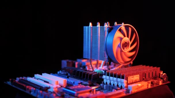 Close Rotating Processor Cpu Fan Installed Motherboard Black Background — Stock Video