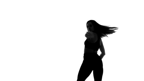 Svart Silhuett Vit Bakgrund Flicka Dansa Modern Dans Remsa Plast — Stockvideo