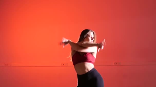 Young Beautiful Woman Dancing Vogue Red Background — Stock Video