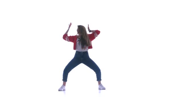 Young Beautiful Girl Dancing Hip Hop Street Dancing White Background — 비디오