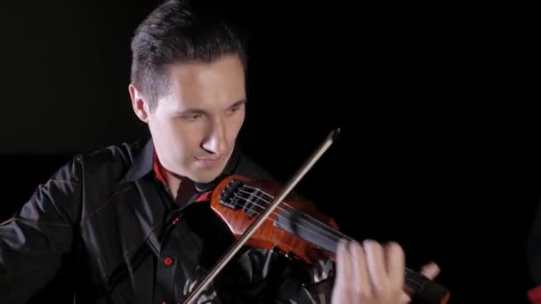 Young Handsome Man Plays Electric Violin Black Background Isolated — 비디오