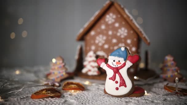 きらめく光 雪だるまの人形 クリスマスツリーを背景に手作りのジンジャーブレッドハウス — ストック動画