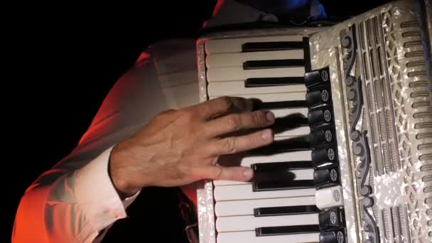 Man Musician Masterly Plays Accordion Studio Black Background Close Hands — Stock Video