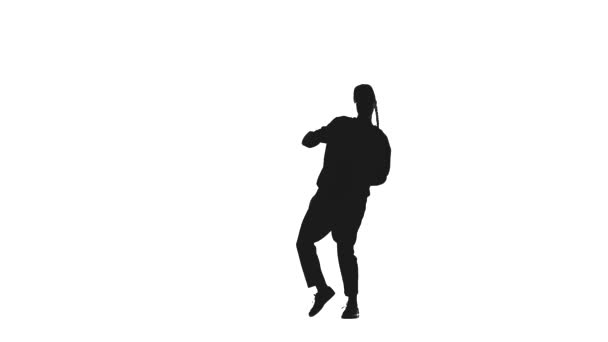 白い背景に黒いシルエット ダンサーの女性ダンスヒップホップ ストリートダンス スタジオでのフリースタイル — ストック動画