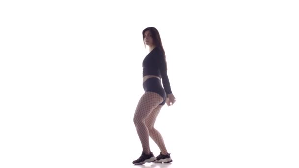 Jovem Sensual Bela Menina Dançarina Com Cabelos Longos Meia Calça — Vídeo de Stock