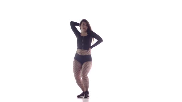 Young Sensual Beautiful Woman Dancer Long Hair Fishnet Tights Shorts — Stock Video