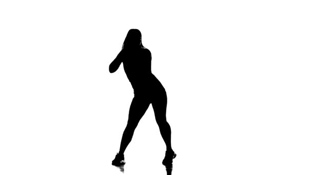 Black Silhouette White Background Young Beautiful Woman Dancer Long Hair — Stock Video