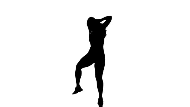 Черный Силуэт Белом Фоне Молодая Красивая Женщина Танцовщица Трико Шортах — стоковое видео
