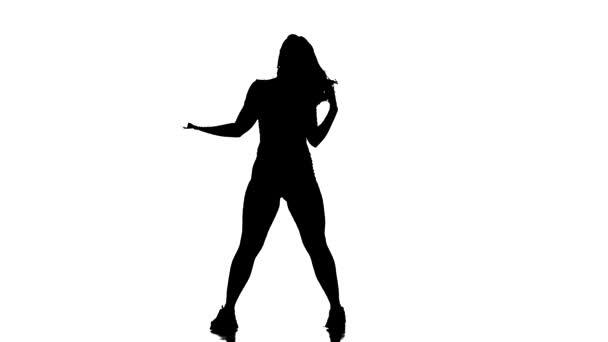 Zwart Silhouet Een Witte Achtergrond Jonge Mooie Vrouw Danseres Visnet — Stockvideo