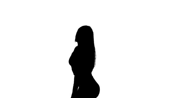 배경에 실루엣 스타킹 반바지를 머리를 관능적 아름다운 현대인 그녀의 엉덩이를 — 비디오