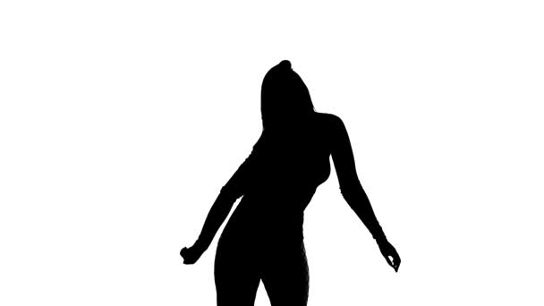 Черный Силуэт Белом Фоне Молодая Чувственная Красивая Девушка Танцовщица Длинными — стоковое видео
