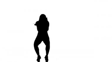 Profesyonel Hip Hop break dansçısı. Beyaz arka planda siyah bir siluet, şık ve genç bir kızın. Çağdaş koreografi. Düşük ihtimal