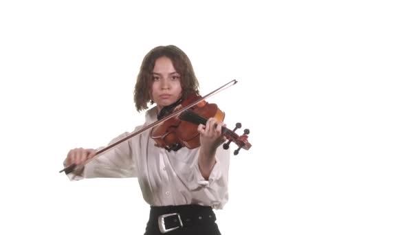 Close Van Mooi Meisje Violist Een Witte Blouse Spelen Van — Stockvideo