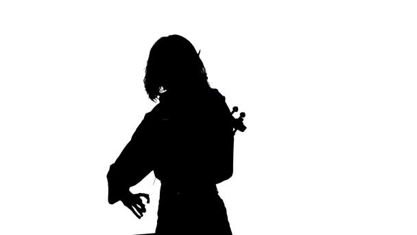 Silhouette Nera Sfondo Bianco Primo Piano Della Bella Violinista Ragazza — Video Stock