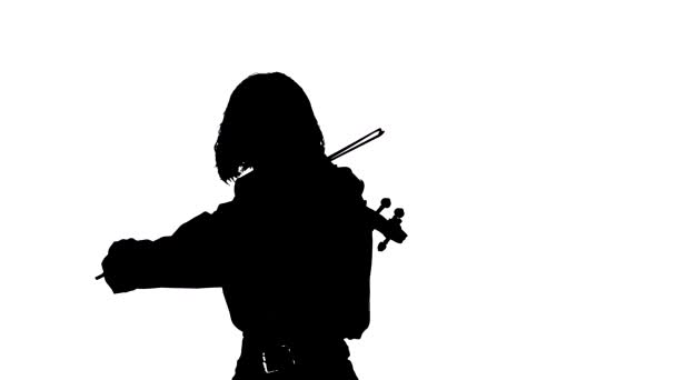 Silhueta Preta Fundo Branco Close Violinista Menina Bonita Tocando Violino — Vídeo de Stock
