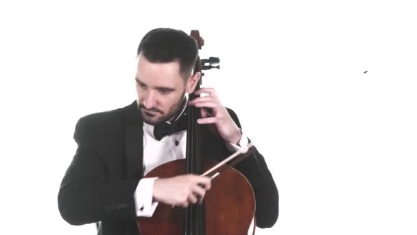 Violonchelista Talentoso Esmoquin Toca Violonchelo Clásico Composición Hermosa Lenta Técnica — Vídeo de stock